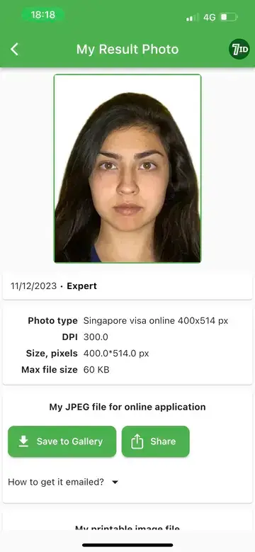 Exemplu de fotografie pentru viză pentru Singapore