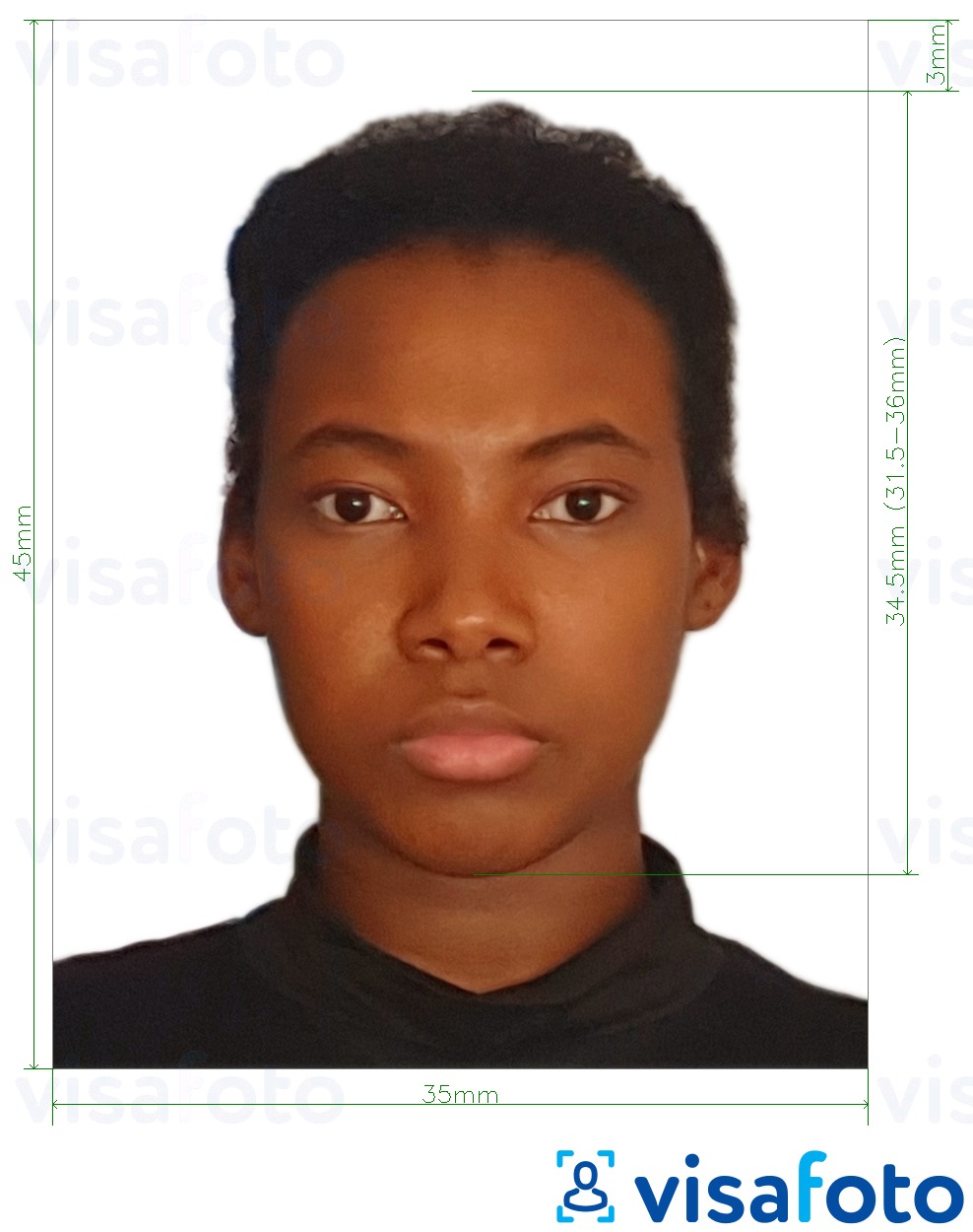 Příklad fotografie Rovníková guinea vízum 35x45 mm (3,5x4,5 cm) s přesnou specifikací velikosti