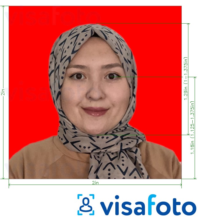 Příklad fotografie Indonésie pas 51x51 mm (2x2 palce) červené pozadí s přesnou specifikací velikosti