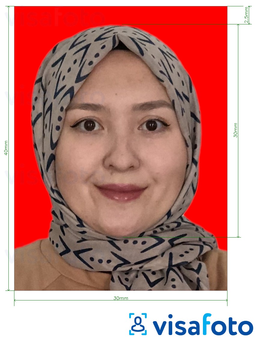 Příklad fotografie Indonésie víza 3x4 cm (30x40 mm) online červené pozadí s přesnou specifikací velikosti
