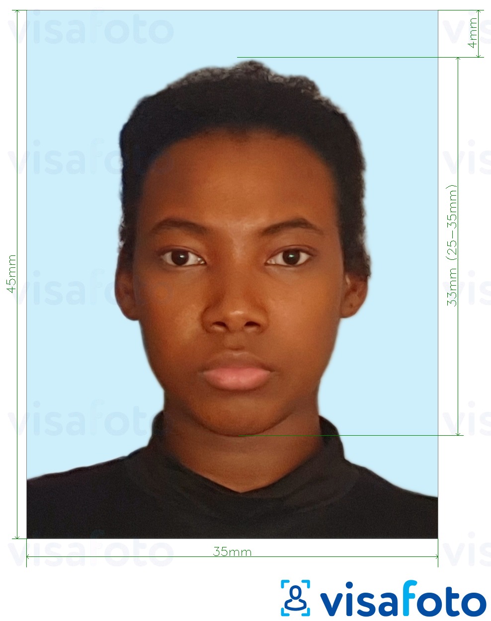 Příklad fotografie Jamajský pas 35 x 45 mm světle modré pozadí s přesnou specifikací velikosti