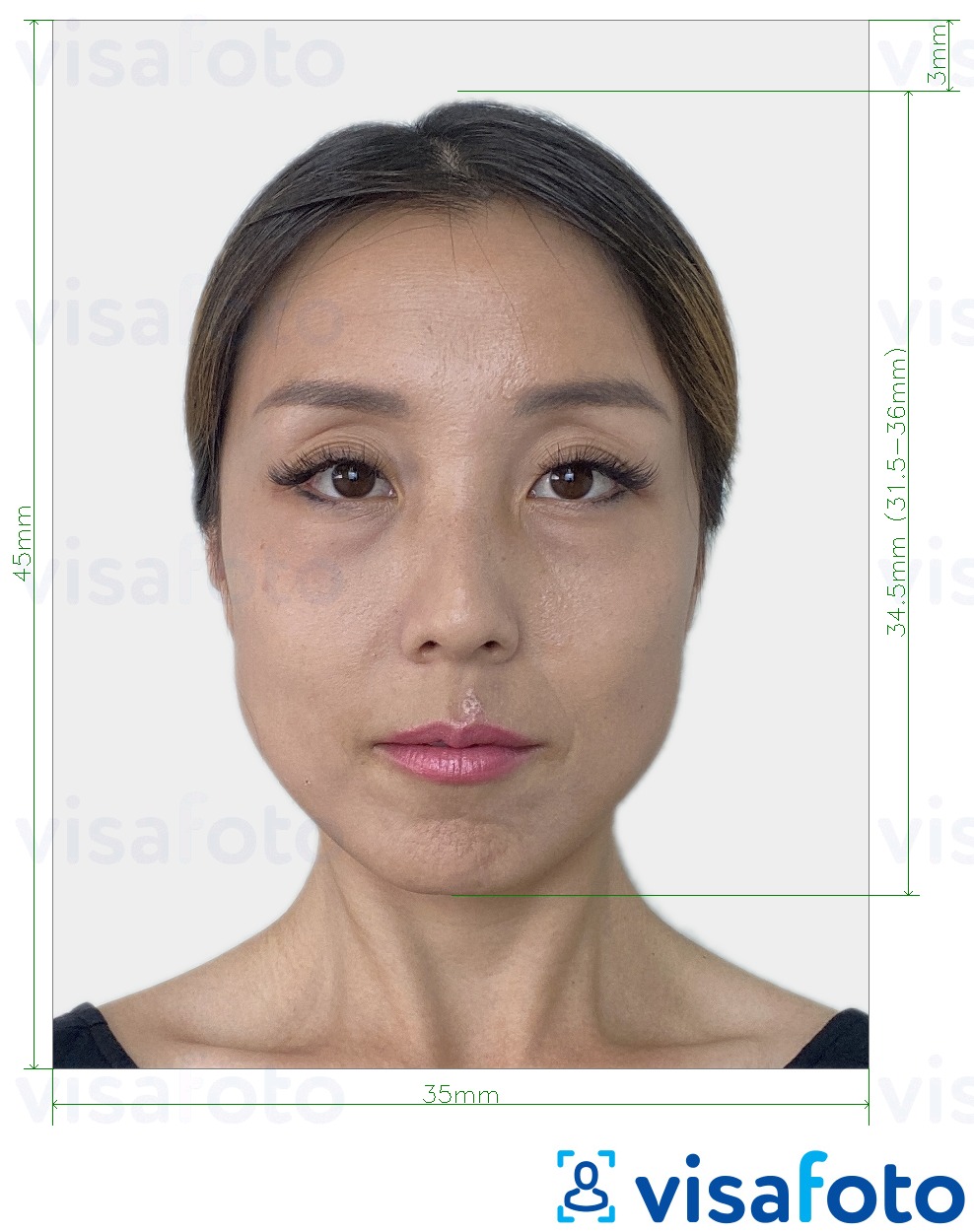 Příklad fotografie Jižní Korea Visa 35x45 mm (3,5x4,5 cm) s přesnou specifikací velikosti