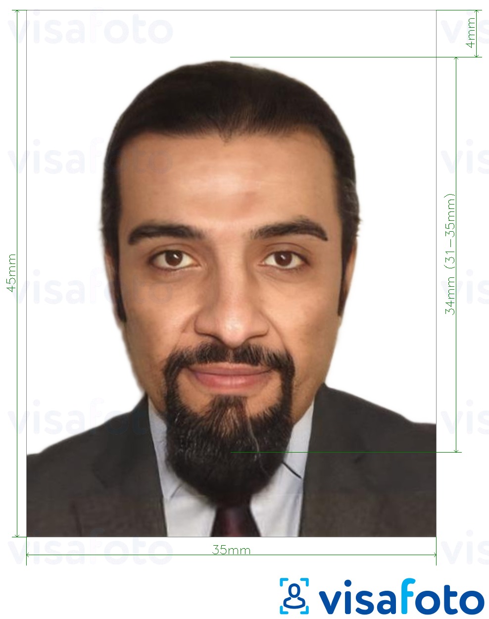 Příklad fotografie Kuvajtské vízum 35x45 mm s přesnou specifikací velikosti