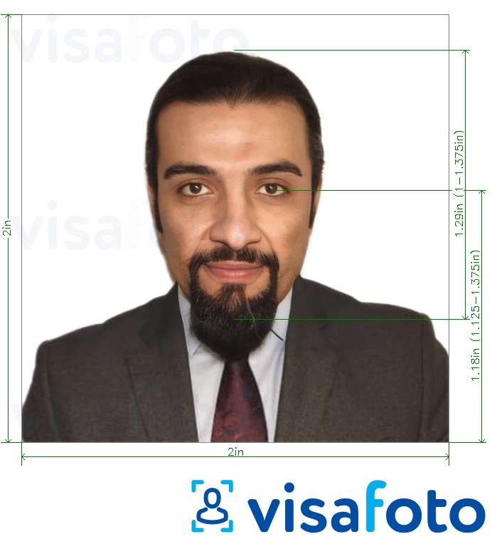 Příklad fotografie Kuvajtské vízum 51x51 mm (5x5 cm, 2x2 palce) s přesnou specifikací velikosti