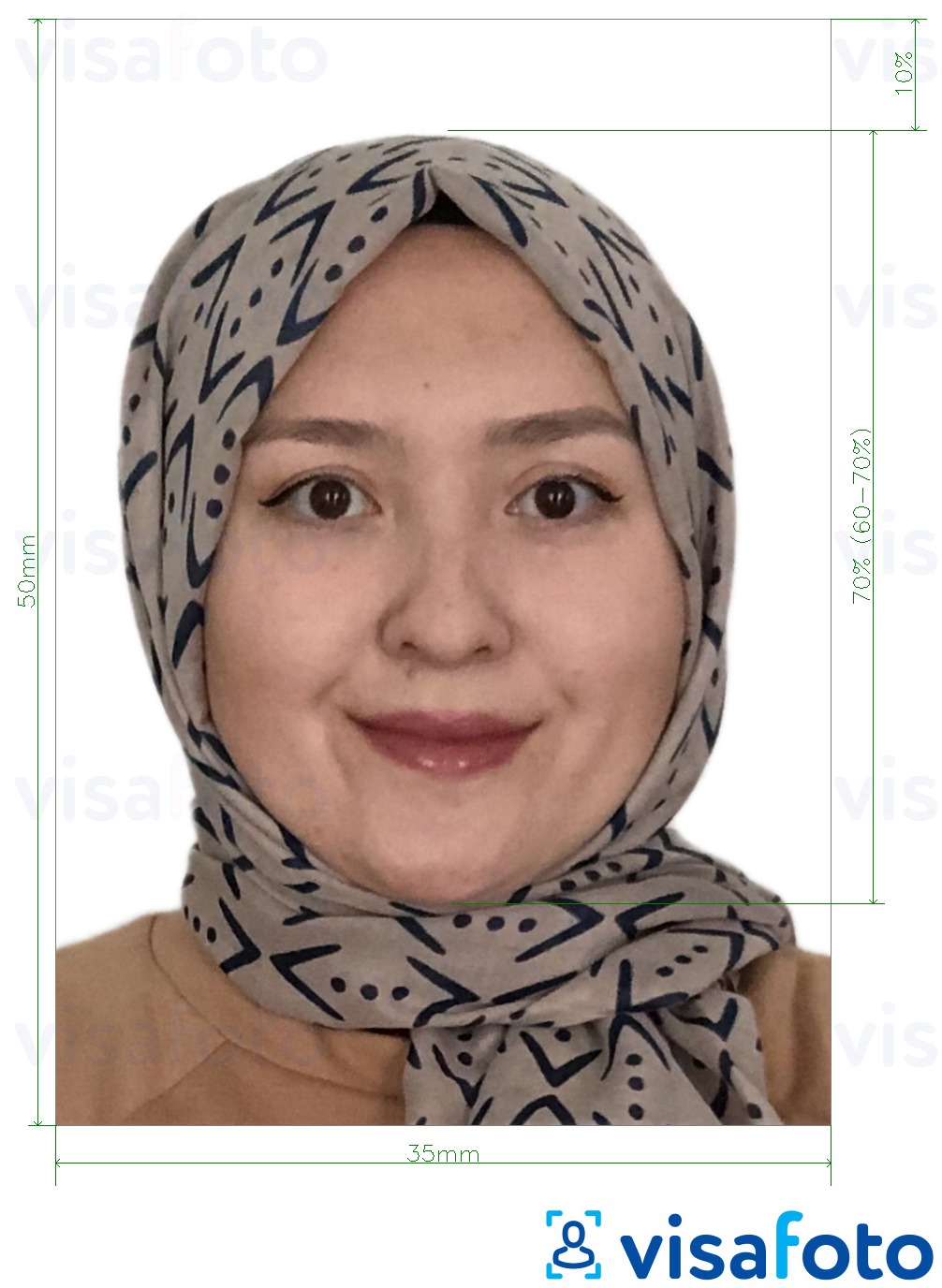 Příklad fotografie Malajsie Visa 35x50 mm bílé pozadí s přesnou specifikací velikosti