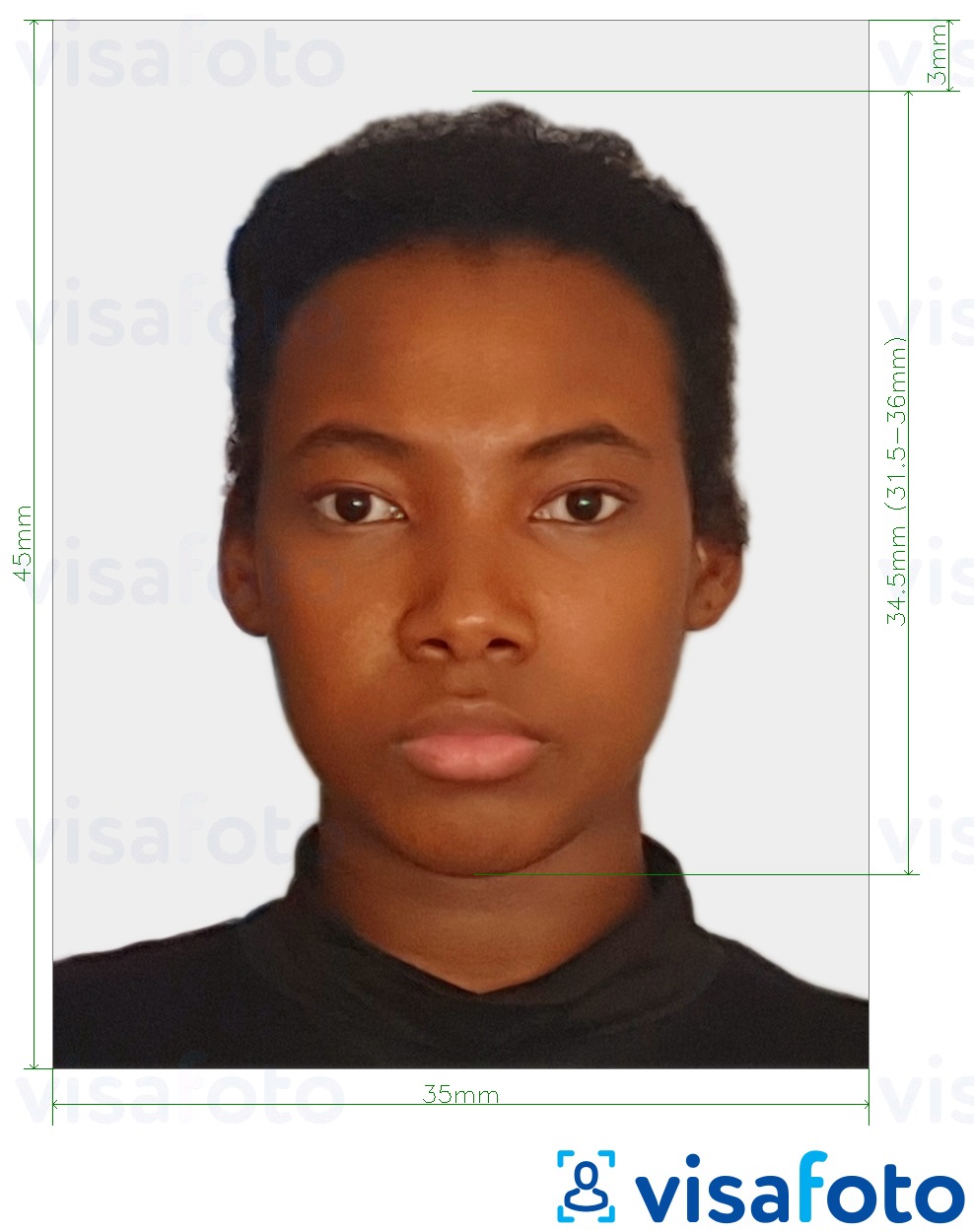 Příklad fotografie Surinamské vízum 45x35 mm (1.77x1.37 palce) s přesnou specifikací velikosti